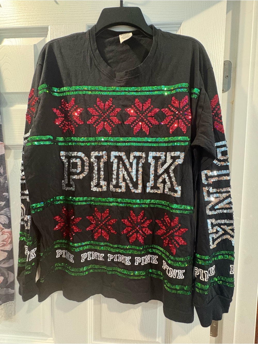PINK Victoria's Secret Sequin Holiday Long-Sleeve Sweater - Black